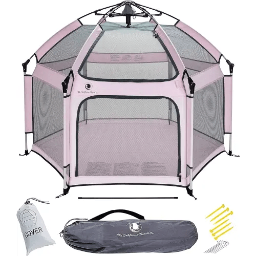 POP 'N GO PLAYPEN - Indoor & Outdoor Baby Playpen for Babies and Toddlers - Baby Beach Tent, Foldable, Portable W/Canopy, Travel Bag, & Mosquito Net - Pop Up Pack and Play Tent (Soft Pink)