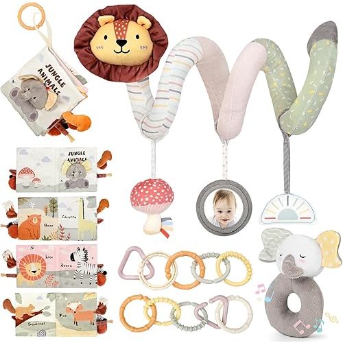 Joyreal Spiral Car Seat Toys with Jungle Soft Book, Plush Rattles and Linking Rings, Stroller & Travel Toy for Newborns and Infants 0-12 Months Girls Boys (Neutral)