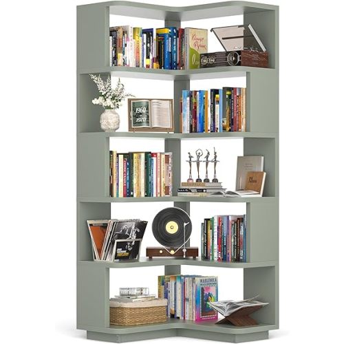 Armocity Corner Book Shelf - 6 Tier Corner Bookshelf Etagere Bookcase with Baffle, Freestanding L Shaped Display Shelf Stand for Home Office, Living Room, Bedroom, Kitchen, Crab Green