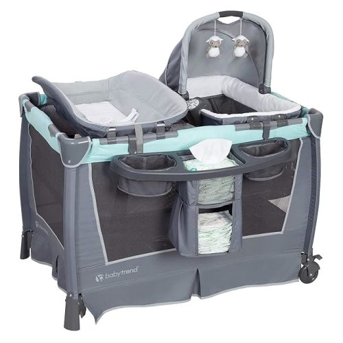 Baby Trend Retreat Nursery Center Playard, Bassinet & Storage, Mint Green