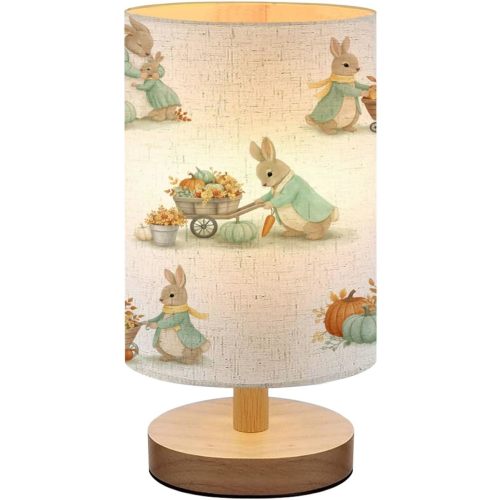 Bedside Lamp for Bedroom, seamless pattern childrens illustrations rabbit autumn pattern nursery Small Lamp, Linen Lampshade Table Lamp, Dimmable Nightstand Lamp with Woodbase for Living Room Office