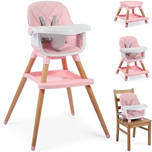 8 in 1 Wooden High Chairs for Babies Toddlers, Convertible to Booster Seat, Baby Feeding Highchair w/ 5-Point Safety Harness, Removable Tray & Cushion, Pink