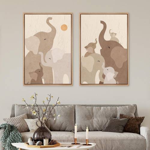 Framed Canvas Wall Art Set of 2 Elephant Family in Neutral Tones Whimsical Safari Animal Art Minimalist Artwork Kids' Room or Nursery Decor