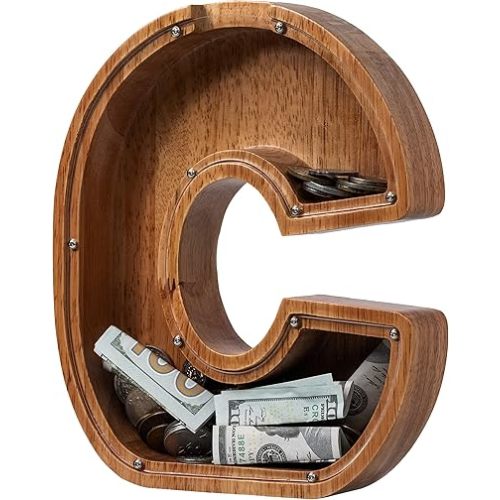 Piggy Bank for Kids Boys Girls, Wooden Large Letter Piggy Bank Alphabet Money Bank with Initial C, Coin Bank Fun Gifts for Birthday, Christmas, Festival, Baby Shower