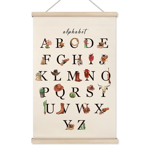 HRQKO Western Alphabet Poster Hanger Frame, Western Nursery Decor, Cowboy Nursery Decor, ABC Poster Wall Art with Wooden Frames, Alphabet Banner Wall Hanging Decor for Boys Cowboys Room,16x24 inch