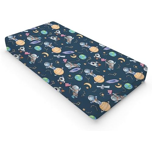 Cartoon Outer Space Galaxy Ship Astronaut Changing Pad Cover Cute Spaceman Moon Stars Changing Table Sheets for Baby Boy Girl Soft Breathable Stretchy Diaper Changing Pad Mats Cover 32''x16''