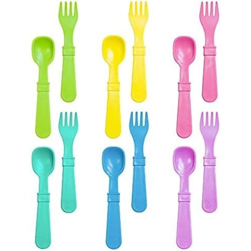 Re-Play Toddler Forks and Spoons Set - 6x6 Toddler Utensils Set - Dishwasher and Microwave Safe - Made in USA - Set of 12-5.8" x 1.2" x 0.2" - Sorbet
