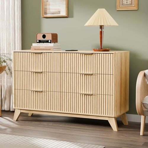 VINGLI Fluted Dresser 6 Drawer, Wood Dresser for Bedroom with Elegantly Rounded Edges, Mid Century Modern Dressers 47" Long Chest of Drawers, Natural Wood Color, 46.8" W*15.6" D*31" H