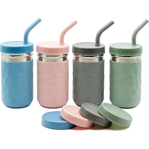 WeeSprout 2-in-1 Drinking Cups for Kids, Durable Stainless Steel Tumbler for Smoothies, Silicone Straws with Stoppers, Premium Plastic Twist Lids, Easy-Grip Sleeves, Set of 4 Dishwasher Safe Kid Cups