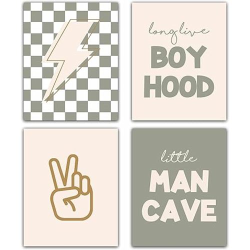 OXRUN Boys Room Wall Art Decor, Retro Preppy Little Man Cave Checkered Lightning Bolt Sign 4pcs Poster Set Decor for Boy Teen Room Dorm Decorations - B06