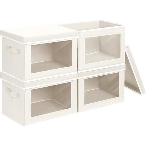 Fabric Storage Bins with Lids, Decorative Storage Boxes, Closet Storage Bins with Window, Storage Baskets for Closet, Closet Organizers for Towel, Clothes, Beige, 4-Pack