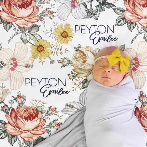 Peyton's Vintage Floral Personalized Baby Name Swaddle Blanket