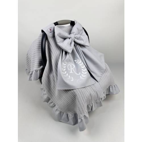 Car Seat Canopy Cover Baby Girl in Single Layered Light Gray Pique With Ruffles and Bow, Personalized Car Seat Cover, Baby Shower Gift