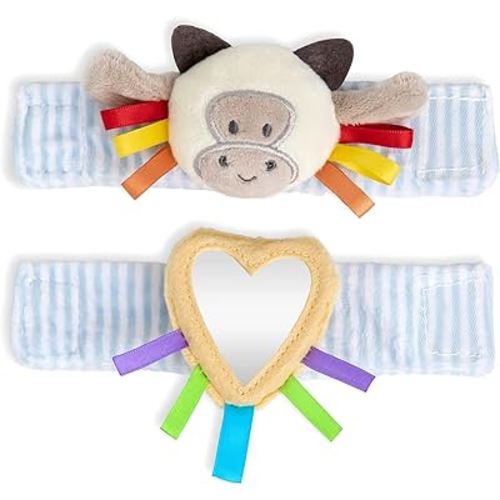 DEMDACO Cow Tan and Yellow 3-6 Months Baby Wrist Rattle and Mirror Activity Set
