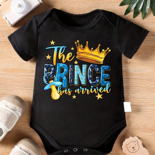 Infant's THE PRINCE Letter And Crown Print Bodysuit, Comfy Short Sleeve Outdoor Romper, Baby Boy's Clothing