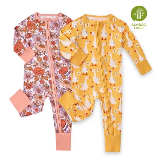 PatPat Bamboo Baby Pajamas Snug fit Baby Girl Boy Long-Sleeved Zipper One-Piece Pajamas Gift for Newborn，2 Pack