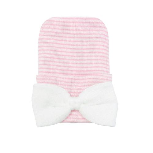Nurses Choice Newborn Baby Girl Pink & White Hospital Hat with Bow