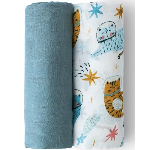 Muslin Swaddle Blankets 2 Pack Super Soft 70% fine Bamboo 30% Cotton Receiving Blanket for Newborn Baby Breathable Bamboo Swaddle Blankets Large 47 x 47 Inchs - Blue and Space Cats