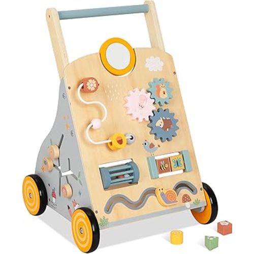 Wooden Baby Walker and Push Toy - Adjustable Height, Montessori Learning Activity Center for Boys and Girls, Toddler Push Walker and Development Toy for Kids 1-3 Years