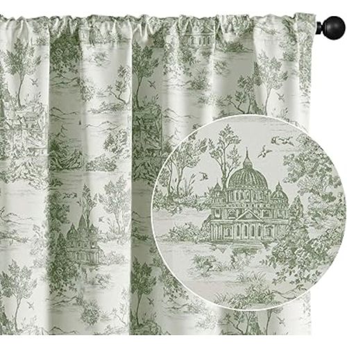jinchan 100% Blackout Toile Curtains for Bedroom, 96 Inch Drapes Toile de Jouy French Printed Castle for Living Room, Light Blocking Thermal Insulated Window Treatment Rod Pocket, 2 Panels Green