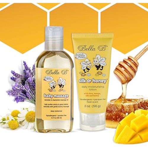 Bella B Bundle Baby Massage Oil 3.3 oz & Silk & Honey Baby Lotion 2 oz - Baby Oil Organic - Organic Baby Oil - Natural Baby Lotion - Organic Baby Lotion - Organic Baby Products - Organic Baby Bath