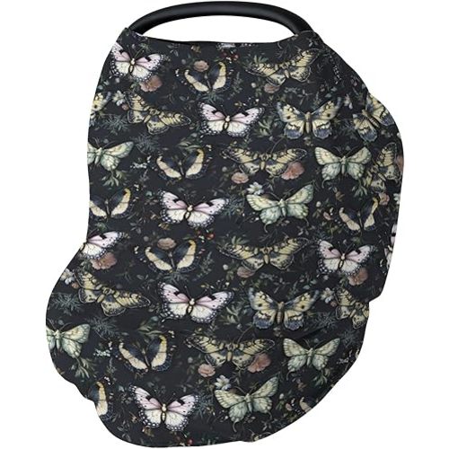 Gothic Moth Black Floral Baby Car Seat Covers Butterflies Retro Flowers Stretchy 5-in-1 Cover Adjustable Car Canopy Cover Night Garden Breathable Nursing Cover-Up