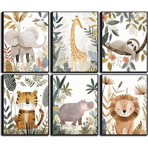 6Pcs Boho Baby Animals Wall Art Jungle Safari Canvas Paintings Cute Giraffe Elephant Lion Wall Decor Prints Inspirational Forest Animals Posters Pictures for Nursery kids Boys Bedroom Unframed