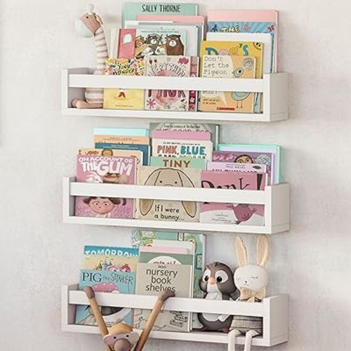 NATURE SUPPLIES Set of 3, White Floating Nursery Book Shelves, 23.1" Solid Wood Floating Bookshelves, Wall Book shelf for Kids Rooms Decor, Toys & Playroom Furniture, Kids Bookshelf, Nursery Bookshelf