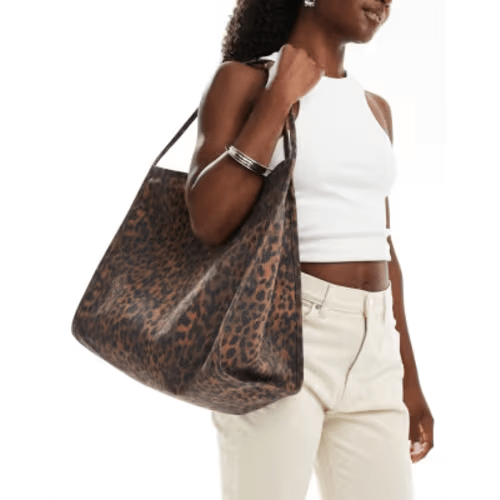 ASOS DESIGN tubular handle canvas tote bag in brown leopard