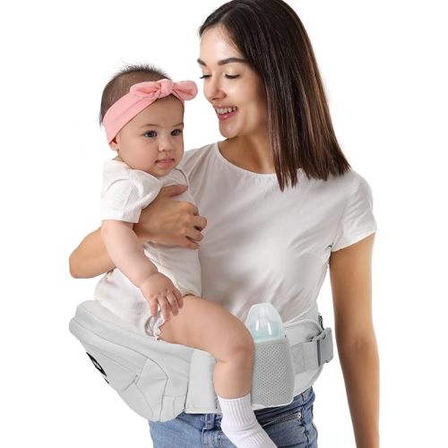 HKAI Baby Hip Carrier, Mom’s Choice Award Winner, Baby Carrier with Adjustable Waistband & Breathable Mesh, Ergonomic Carrier with Non-Slip Hip Seat Surface for Newborns & Toddlers, Light Grey