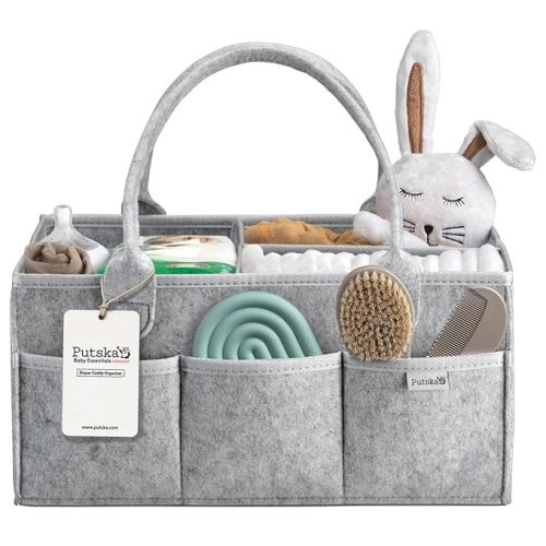 PUTSKA Baby Diaper Caddy Organizer - Nursery Storage Basket for Diaper Station, Baby Basket Shower Gift List and Registry Must-Have, Newborn Essentials, Nursery Decor for Boy or Girl - Grey, Large