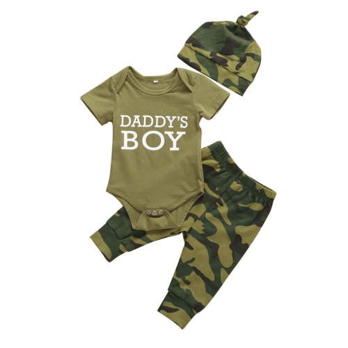 Baby Boys Daddy's Boy Bodysuit & Camouflage Long Pants & Hat 3pcs Outfits Set