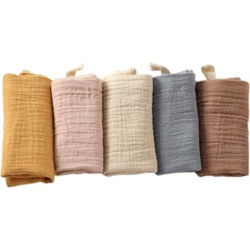 Toumett 5 Pcs Muslin Cloths for Baby, Wash Face Muslin Squares, Burp Cloths, Natural Cotton, For Newborn Baby/Boy/Girl Wiping Bathing Feeding (23x22cm)