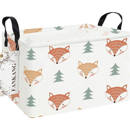 FANKANG Storage Bins, Nursery Hamper Canvas Laundry Basket Foldable with Waterproof PE Coating Large Storage Baskets for Kids Boys and Girls, Office, Bedroom, Clothes,Toys(Rec-Fox ）