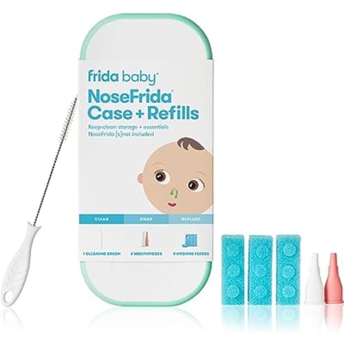 Frida Baby NoseFrida Case + Refills Accessories Kit, Includes Storage Travel Case, Bristle Cleaning Brush, 9 Hygiene Filters & 2 Tips for Cleaning and Storage of the NoseFrida Nasal Aspirator for Baby