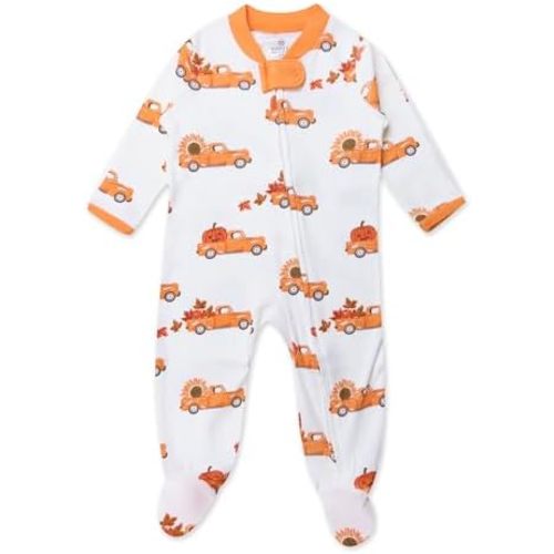 HonestBaby Classics Sleep & Play Footed One-piece Pajama Sleeper 100% Organic Cotton (Pumpkin Picking, 6-9m)