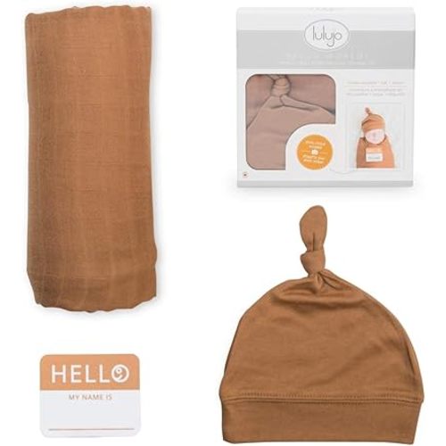 lulujo Birth Announcement Hat & Swaddle Blanket Set| Unisex Softest Bamboo Viscose Muslin Baby Swaddle Blanket| Neutral Receiving Blanket | 47in x 47in| Tan