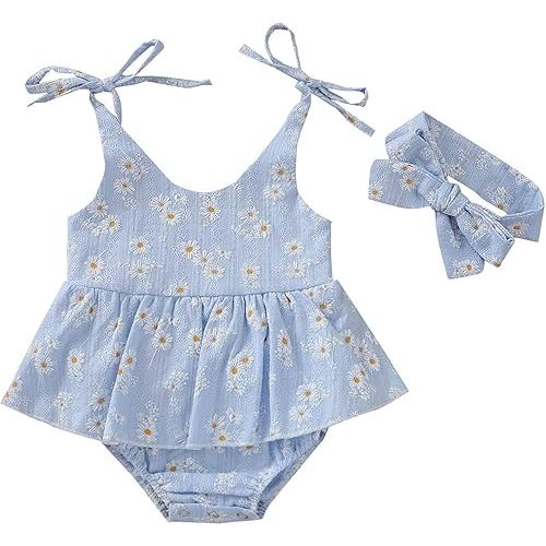 Baby Girls Daisy Playsuits Bodysuit+Headband Print Halter Romper Floral Jumpsuit Infant Onesie Summer Clothes