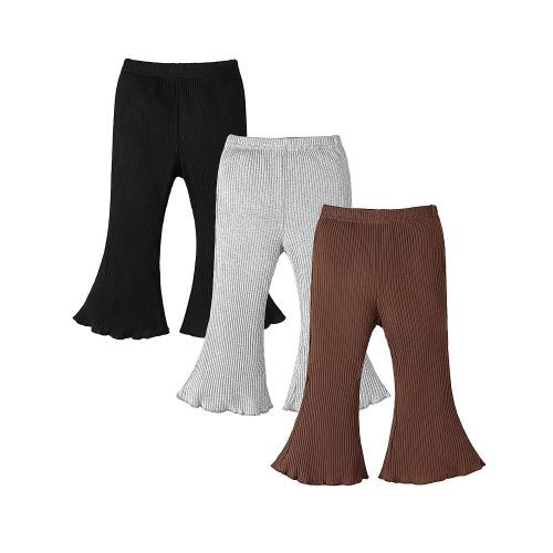 3 Pack Baby Girl Pants: Infant Solid Ribbed Flare Pants Cotton Pull On Bottoms Leggings for Toddler 0-24 Months