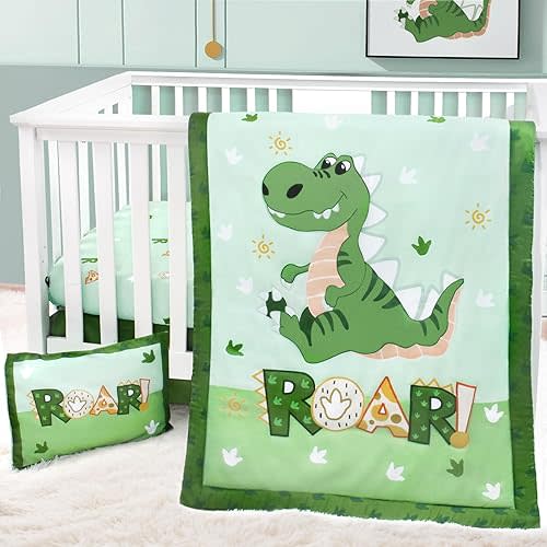 Crib Bedding Set for Boys,4 Piece Dinosaur Baby Bedding Set,Standard Size Toddler Nursery Bedding Includes Comforter,Crib Skirt,Fitted Sheet&Pillowcase,Soft Dinosaur Blanket-Green