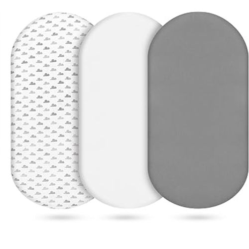 3-Pack Cotton Muslin Bassinet Sheets - Fitted Elastic Mattress Cover for Baby Boys & Girls, Breathable Bedside Bassinet Sheets Neutral Colors (Fits Oval & Rectangle Shape) (Gray)