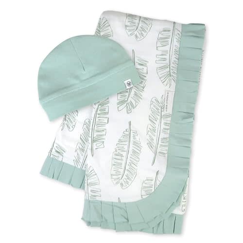 HonestBaby 2-Piece Knit Stroller Blanket with Trim Detail and Baby hat, Jumbo Leaf Sage, One Size