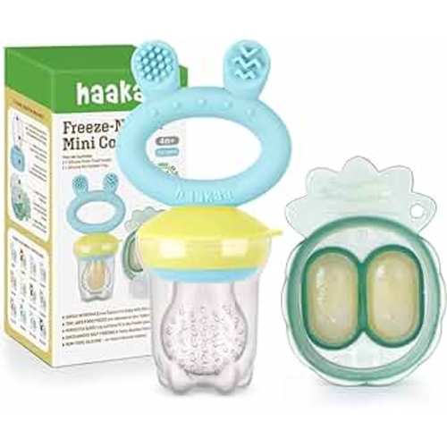 Haakaa Baby Fruit Food Feeder & Mini Freezer Nibble Tray Combo, Breastmilk Popsicle Molds for Baby Cooling Relief, BPA Free Silicone Feeder for Safe Infant Self Feeding, 4 Month+ (Blue)