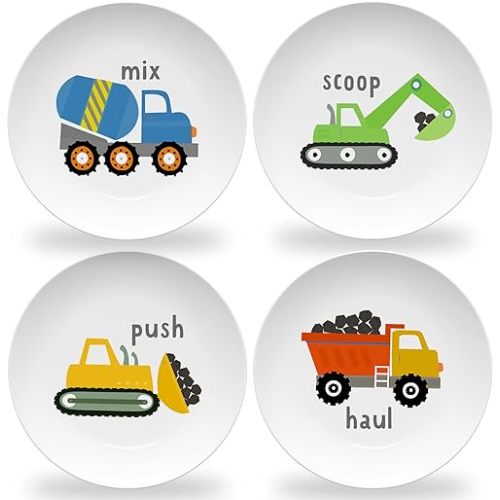 Tiny Expressions - Construction Plates for Toddlers - Set of 4 Melamine Plates for Kids - Excavator, Cement Mixer, Bulldozer, and Dump Truck - Fun Plastic Dinnerware for Kids