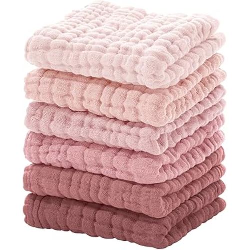 Looxii Muslin Baby Washcloths 6 Pack, 100% Cotton Baby Wash Cloths for Baby Face Body, 12x12 inches Large Soft Absorbent Face Towels for Newborns Gradient Pink