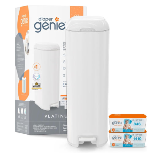 Diaper Genie Platinum Pail Gift Set, Lily White, Made of Durable Stainless Steel and Includes 2 Easy Roll Refills with 18 Bags and 30 Bags