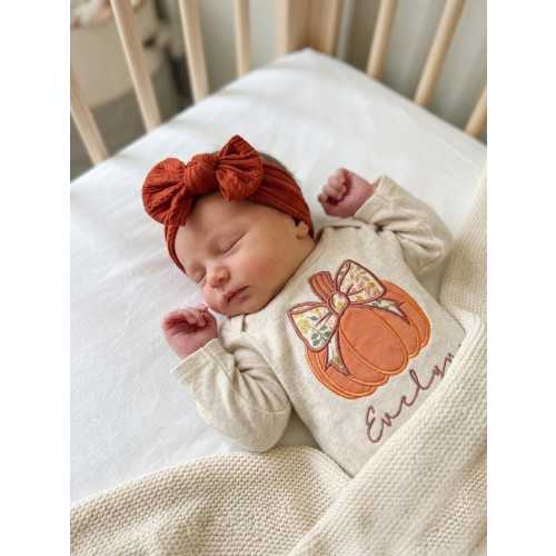 Personalized baby romper and bow set, custom Thanksgiving baby girl coming home outfit, monogrammed sleeper footies