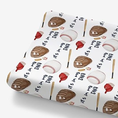 HawSkgFub Baseball Bat American Sport Changing Pad Cover Baby Boy Shower Gift, Funny It’s in My DNA Game Gloves Diaper Change Table Sheet, Soft Stretchy Safe Snug Fitted Changing Mat Fit 32