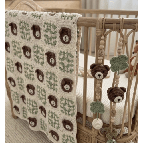 Crochet Teddy Bear Baby Blanket – Granny Square Nursery Bedding, Woodland Shower Gift