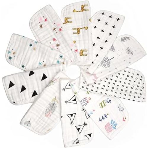 Organic Muslin Baby Washcloths - Pack of 10-100% Cotton Face Towels for Newborn and Adults - Large Size Reusable Infant Wipes for Sensitive Skin - With Storage and Laundry Bags